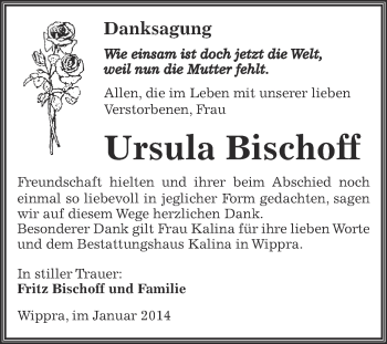 Traueranzeige von Ursula Bischoff von Super Sonntag SGH Mansf. Land