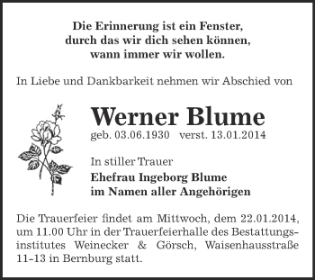 Traueranzeige von Werner Blume von Super Sonntag Bernburg