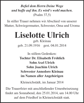 Traueranzeige von Liselotte Ulrich von Super Sonntag Merseburg