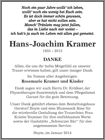 Traueranzeige von Hans-Joachim Kramer von Super Sonntag Aschersleben