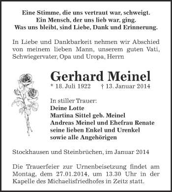 Traueranzeige von Gerhard Meinel von Super Sonntag Zeitz