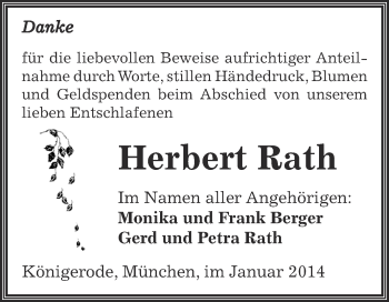 Traueranzeige von Herbert Rath von Wochenspiegel Mansfelder Land