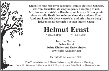 Traueranzeige von Helmut Ernst von Wochenspiegel Mansfelder Land