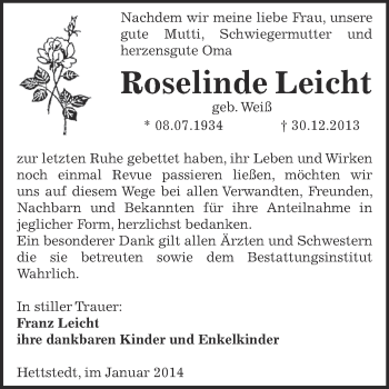 Traueranzeige von Roselinde Leicht von Super Sonntag SGH Mansf. Land