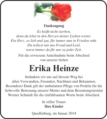 Traueranzeige von Erika Heinze von WVG - Wochenspiegel Quedlinburg