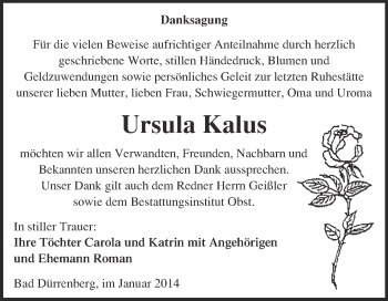 Traueranzeige von Ursula Kalus von Super Sonntag Merseburg