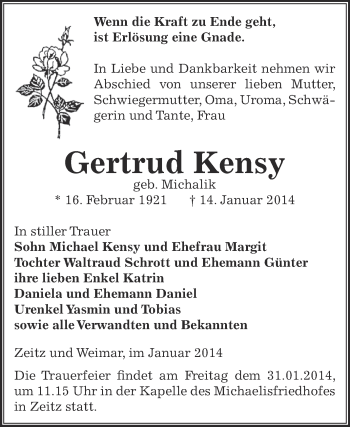 Traueranzeige von Gertrud Kensy von Super Sonntag Zeitz