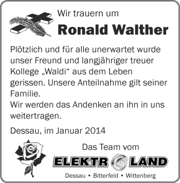 Traueranzeige von Ronald Walther von WVG - Wochenspiegel Dessau / Köthen