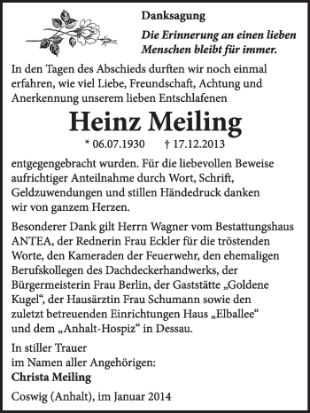 Traueranzeige von Heinz Meiling von Super Sonntag Wittenberg