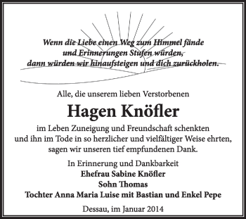 Traueranzeige von Hagen Knöfler von Super Sonntag Dessau / Köthen