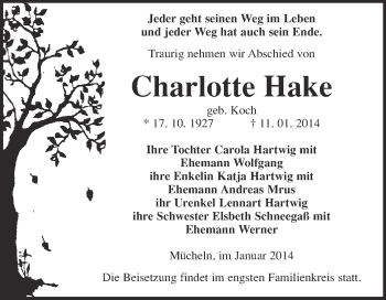 Traueranzeige von Charlotte Hake von WVG - Wochenspiegel Merseburg