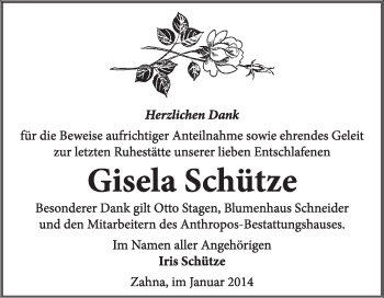Traueranzeige von Gisela Schütze von Super Sonntag Wittenberg