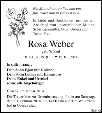 Traueranzeige von Rosa Weber von WVG - Wochenspiegel NMB / WSF / ZTZ