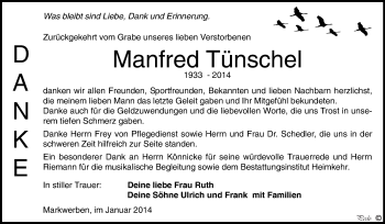 Traueranzeige von Manfred Tünschel von WVG - Wochenspiegel NMB / WSF / ZTZ
