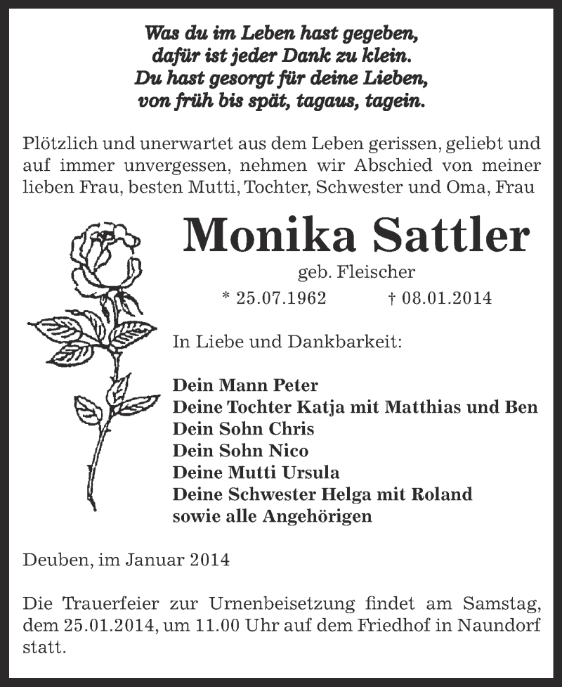  Traueranzeige für Monika Sattler vom 19.01.2014 aus Super Sonntag Zeitz