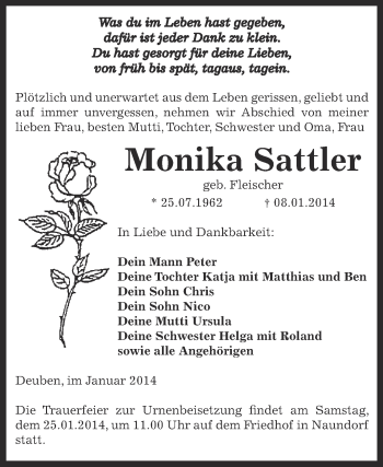 Traueranzeige von Monika Sattler von Super Sonntag Zeitz