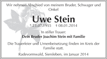 Traueranzeige von Uwe Stein von Super Sonntag SGH Mansf. Land