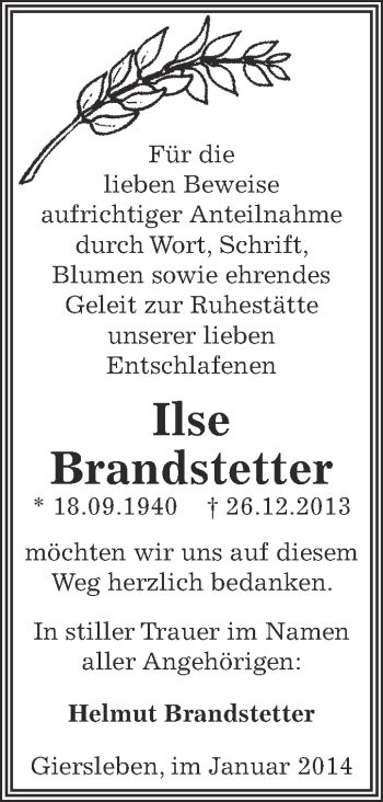 Traueranzeige von Ilse Brandstetter von Super Sonntag Aschersleben