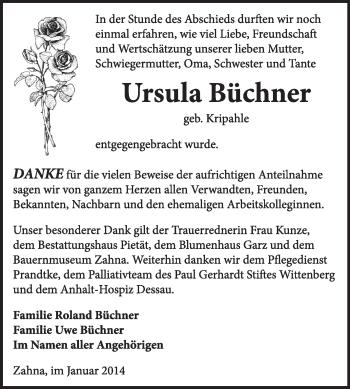 Traueranzeige von Ursula Büchner von Super Sonntag Wittenberg