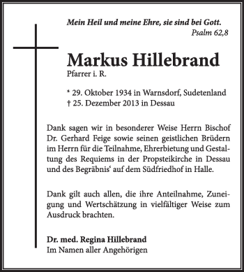 Traueranzeige von Markus Hillebrand von Super Sonntag Dessau / Köthen