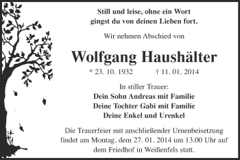 Traueranzeige von Wolfgang Haushälter von WVG - Wochenspiegel NMB / WSF / ZTZ