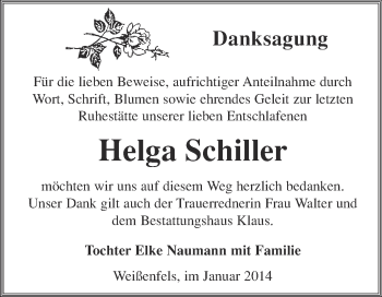 Traueranzeige von Helga Schiller von WVG - Wochenspiegel NMB / WSF / ZTZ