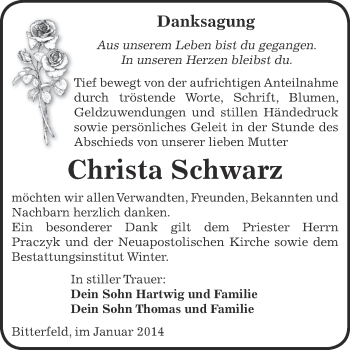 Traueranzeige von Christa Schwarz von WVG - Wochenspiegel Bitterfeld