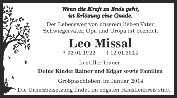Traueranzeige von Leo Missal von WVG - Wochenspiegel Dessau / Köthen