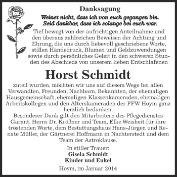 Traueranzeige von Horst Schmidt von WVG - Wochenspiegel Aschersleben
