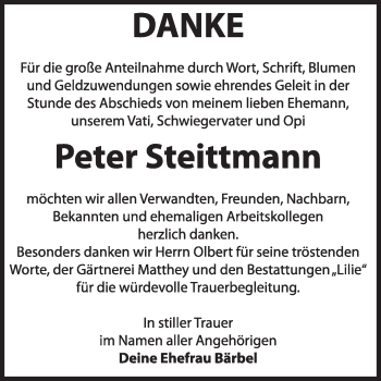 Traueranzeige von Peter Steittmann von Super Sonntag Dessau / Köthen