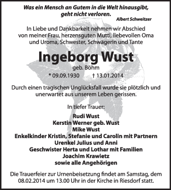 Traueranzeige von Ingeburg Wust von Super Sonntag Dessau / Köthen