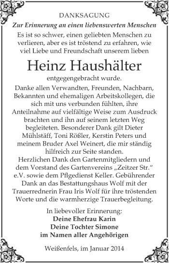 Traueranzeige von Heinz Haushälter von WVG - Wochenspiegel NMB / WSF / ZTZ