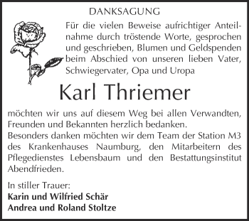 Traueranzeige von Karl Thriemer von WVG - Wochenspiegel NMB / WSF / ZTZ