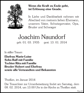 Traueranzeige von Joachim Naundorf von Super Sonntag Zeitz