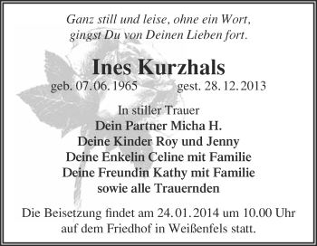 Traueranzeige von Ines Kurzhals von WVG - Wochenspiegel NMB / WSF / ZTZ