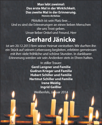 Traueranzeige von Gerhard Jänicke von WVG - Wochenspiegel NMB / WSF / ZTZ