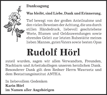 Traueranzeige von Rudolf Hörl von Super Sonntag Zeitz