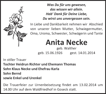 Traueranzeige von Anita Necke von WVG - Wochenspiegel NMB / WSF / ZTZ