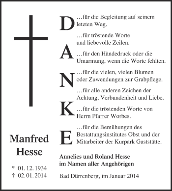 Traueranzeige von Manfred Hesse von Super Sonntag Merseburg