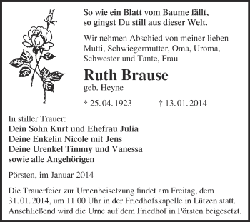 Traueranzeige von Ruth Brause von WVG - Wochenspiegel Merseburg