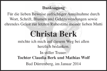 Traueranzeige von Christa Berk von Super Sonntag Merseburg
