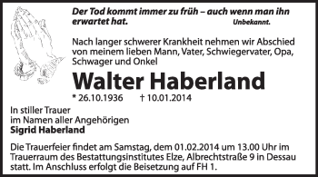 Traueranzeige von Walter Haberland von Super Sonntag Dessau / Köthen