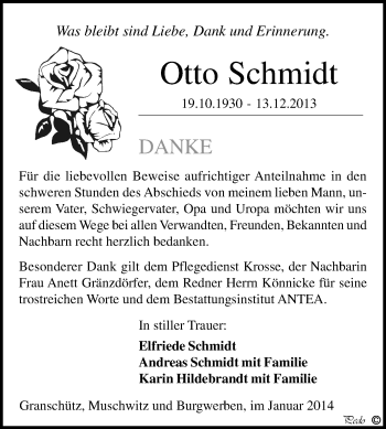 Traueranzeige von Otto Schmidt von WVG - Wochenspiegel NMB / WSF / ZTZ