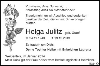 Traueranzeige von Helga Julitz von WVG - Wochenspiegel NMB / WSF / ZTZ