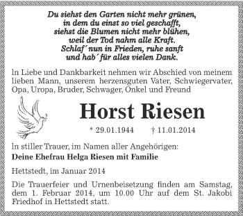 Traueranzeige von Horst Riesen von Wochenspiegel Mansfelder Land