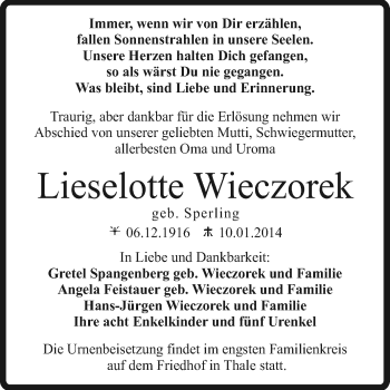 Traueranzeige von Lieselotte Wieczorek von Super Sonntag Quedlinburg
