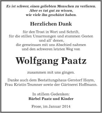 Traueranzeige von Wolfgang Paatz von Super Sonntag Aschersleben
