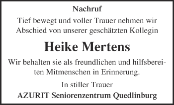 Traueranzeige von Heike Mertens von Super Sonntag Quedlinburg