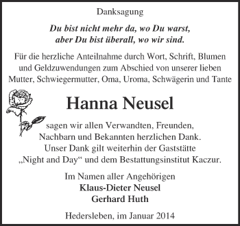Traueranzeige von Hanna Neusel von WVG - Wochenspiegel Quedlinburg