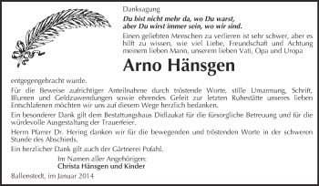 Traueranzeige von Arno Hänsgen von WVG - Wochenspiegel Quedlinburg